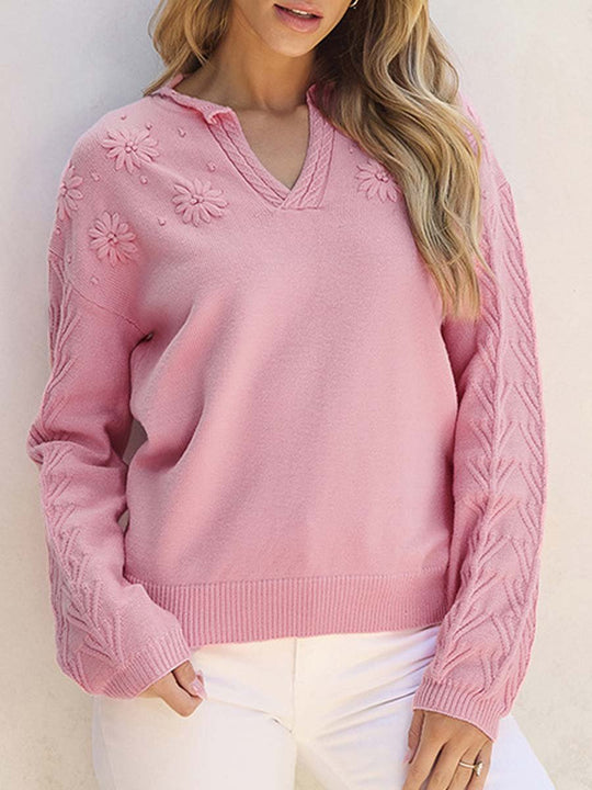 Women's V-Neck Floral Embroideried Versatile Knitted Sweater