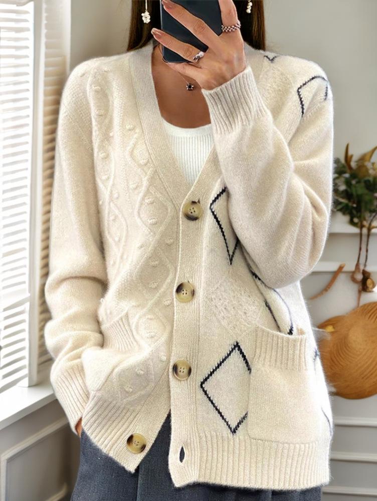 Retro V-neck Button Down Knitted Jacquard Cardigan Sweater