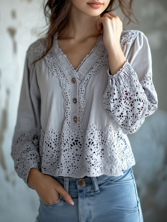 V-neck Hollow-out Lace Patchwork Cotton and Linen Blouse