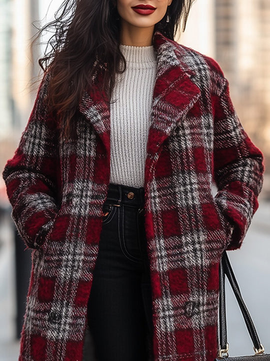 Casual Loose Retro Pocket Woolen Plaid Mid-Length Coat