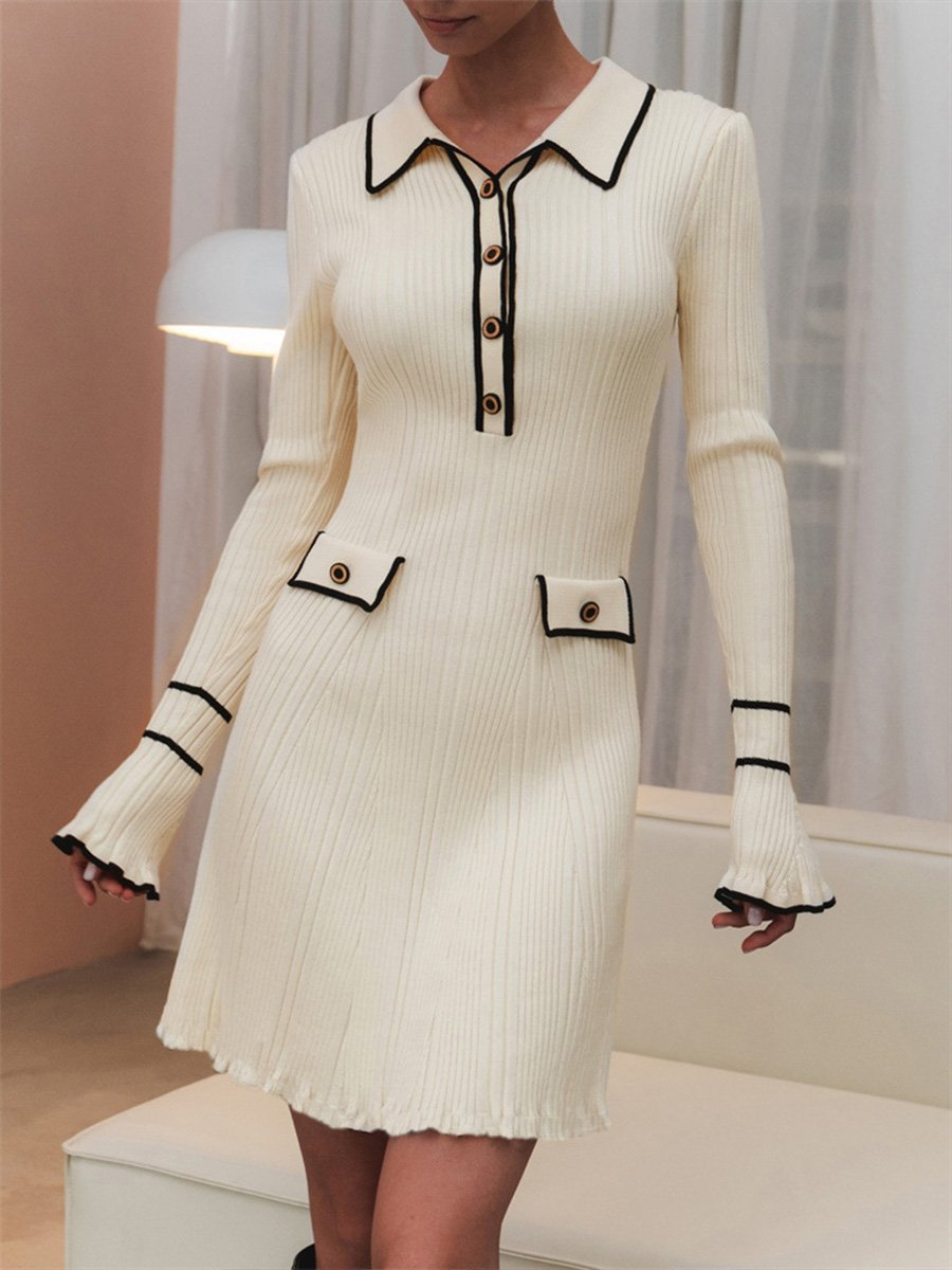 Slim Fit Long Sleeve Knitted Lapel Dress