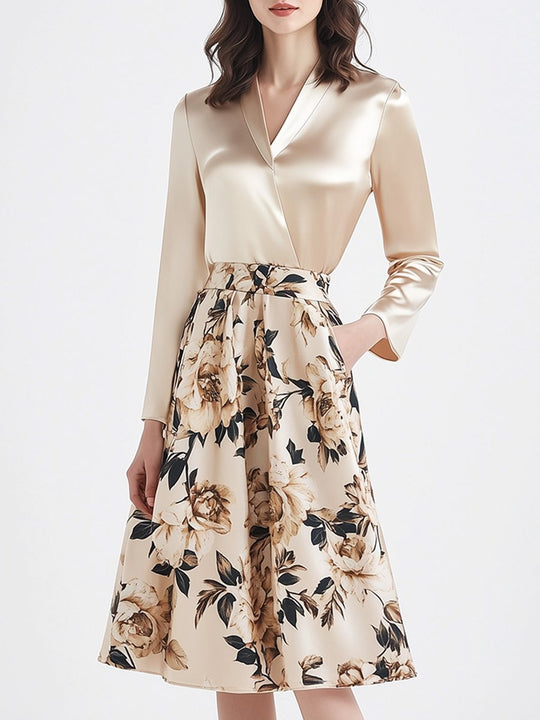 Graceful Satin Wrap Blouse Floral A-Line Skirt