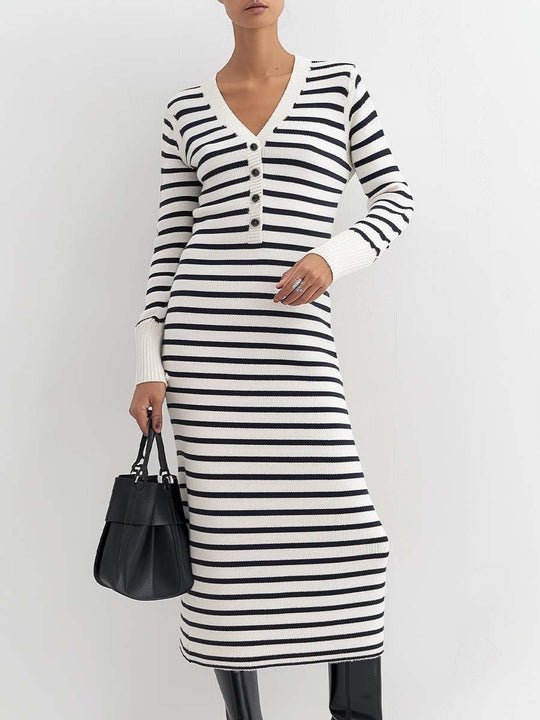 Vintage Long-Sleeved Striped Knitted Maxi Dress