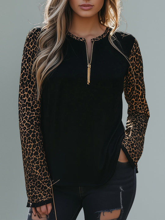 Fashion Loose Leopard Print Zipper Long Sleeve T-shirt