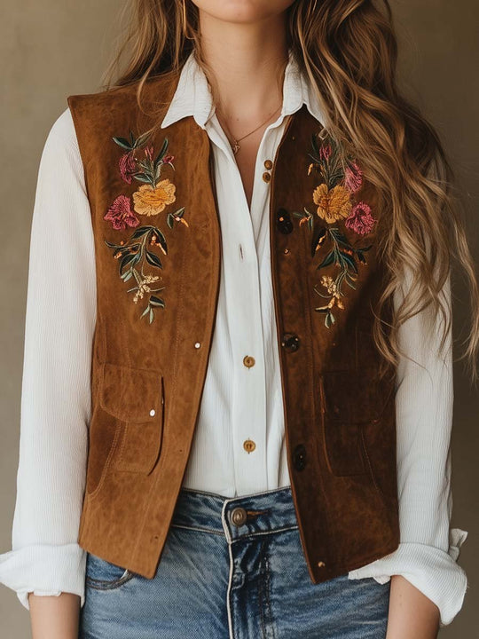 Vintage Contrast Trim Flower Embroidered Pockets Suede Vest