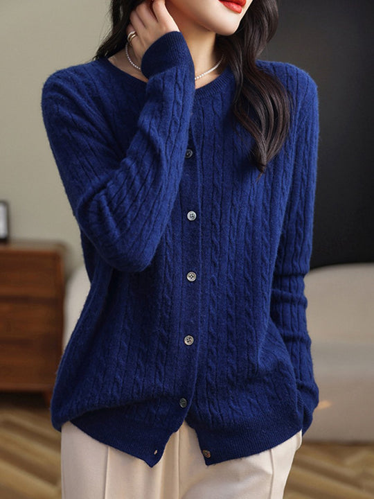 Fashion Round Neck Slim Fit Cable Knit Cardigan