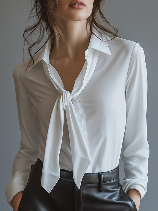 Classic White Delicate Bow Long Sleeve Shirt