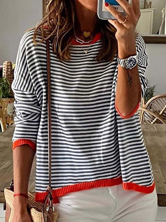 Striped Contrast Long-Sleeved Knitted Sweater