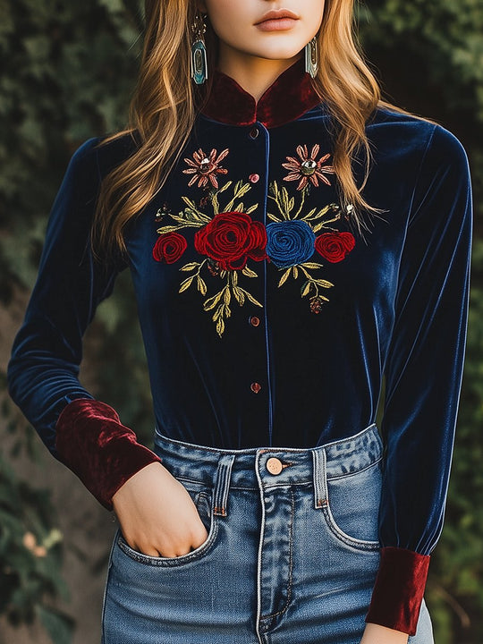 Chic Constract Trim Floral Embroidery Velvet Shirt