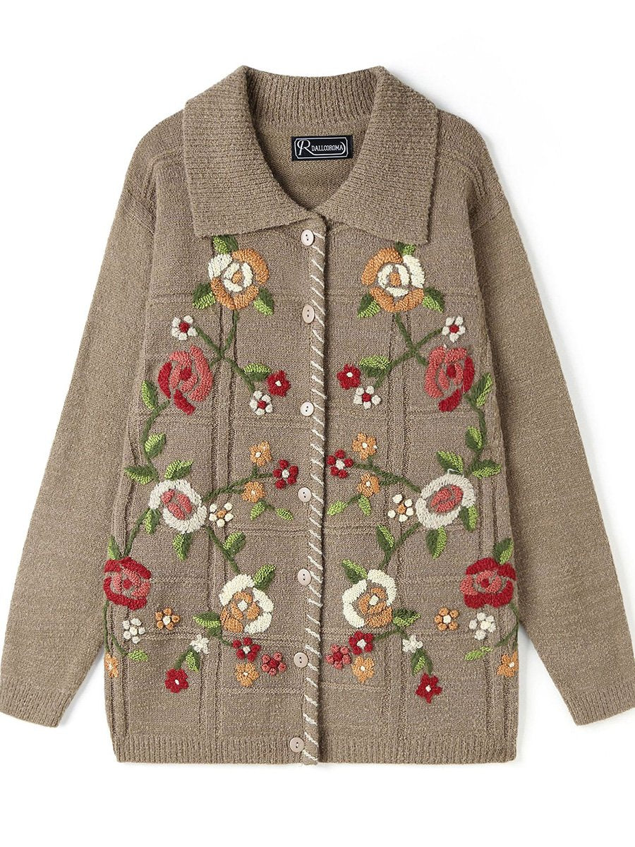 Vintage Hand-embroidered Lapel Long-sleeved Wool Cardigan