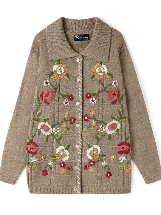 Vintage Hand-embroidered Lapel Long-sleeved Wool Cardigan