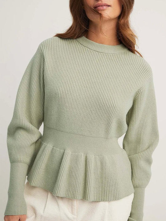 Fashion Slim Fit Ruffle Hem Crew Neck Sweater