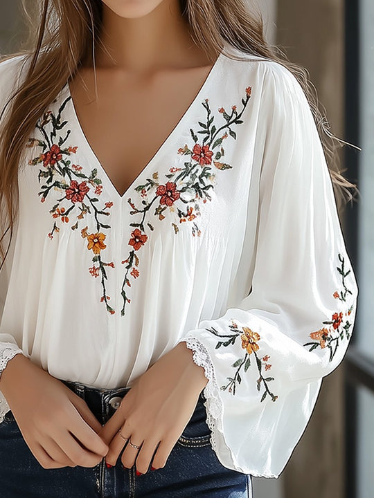 Boho Floral Embroidered V-Neck Blouse with Flared Sleeves