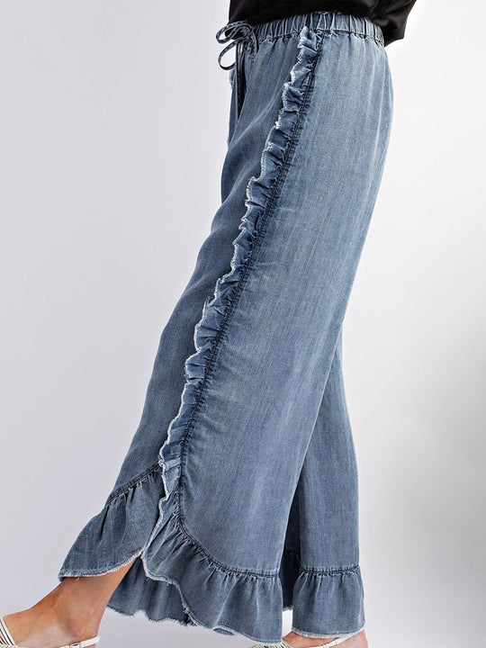 Boho Stone Wash Denim Ruffle Edge Flared Pants