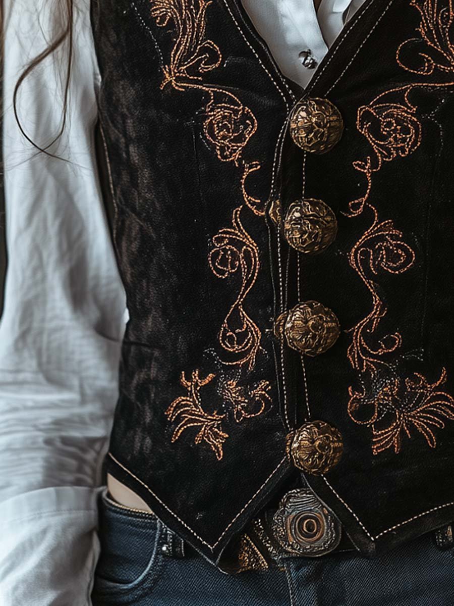 Women's Vintage Gold Paisley Embroidered Suede Vest