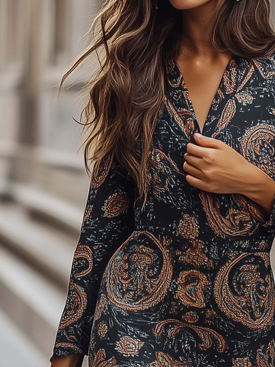 Women's Retro V neck Paisley Bodycon Dress