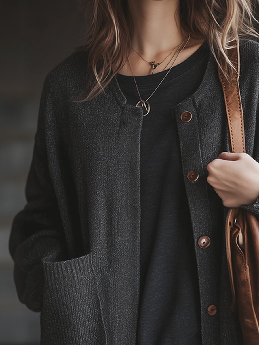 Casual Grey Basic Long-sleeved Knitted Cardigan