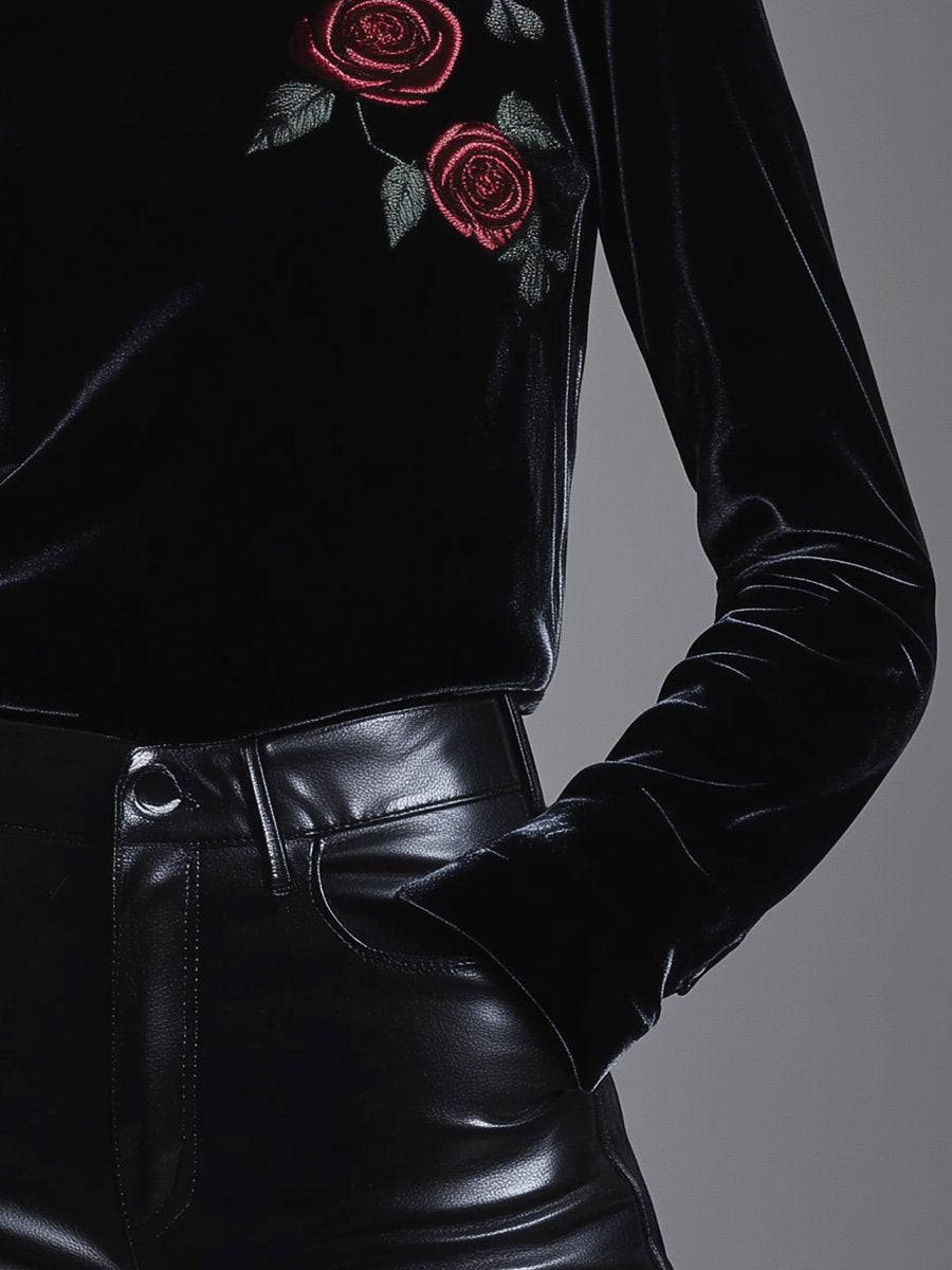 Vintage Velvet Embroidered Turtleneck Bottoming Shirt