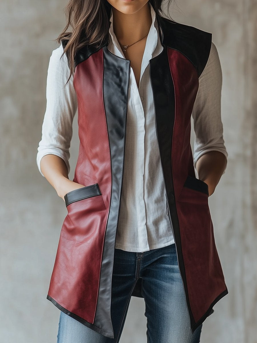 Chic Simple Color-blocking Pockets Leather Long Vest