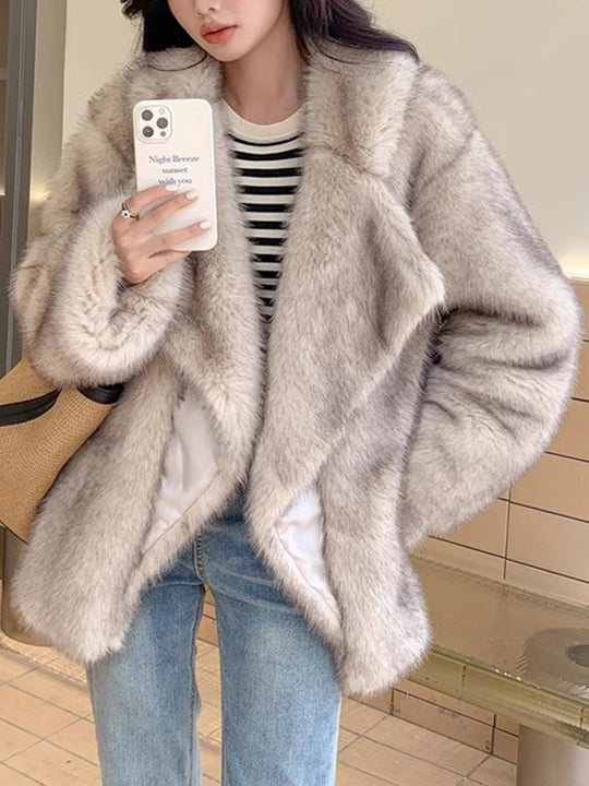 Comfortable and Versatile Fox Fur Mid-length Coat with Large Lapel