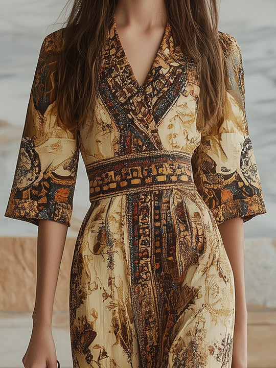 Vintage Elegant Print V-Neck Maxi Dress