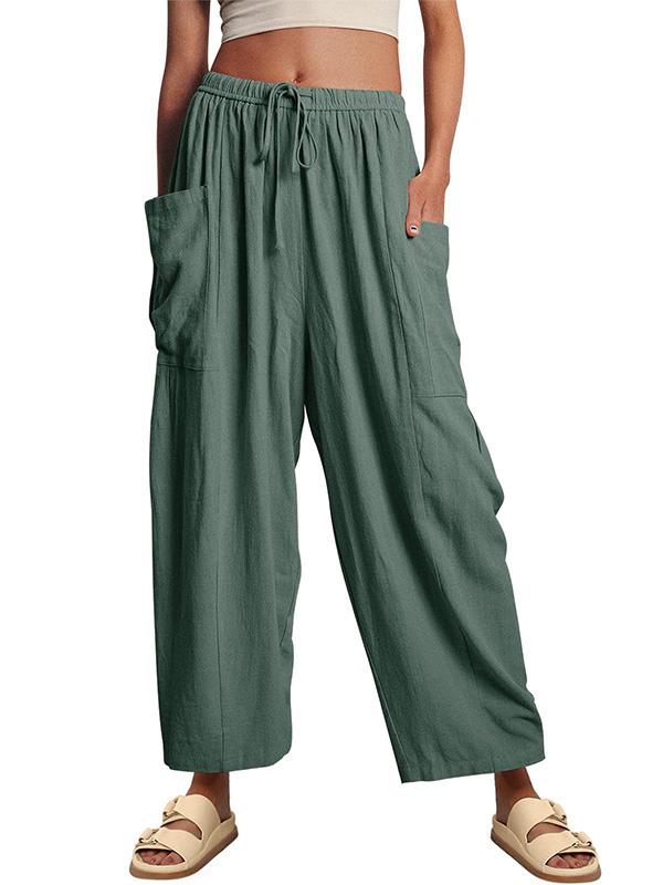 Elastic Waist Pleated Loose Casual Cotton and Linen High Waist Wide Leg Pants