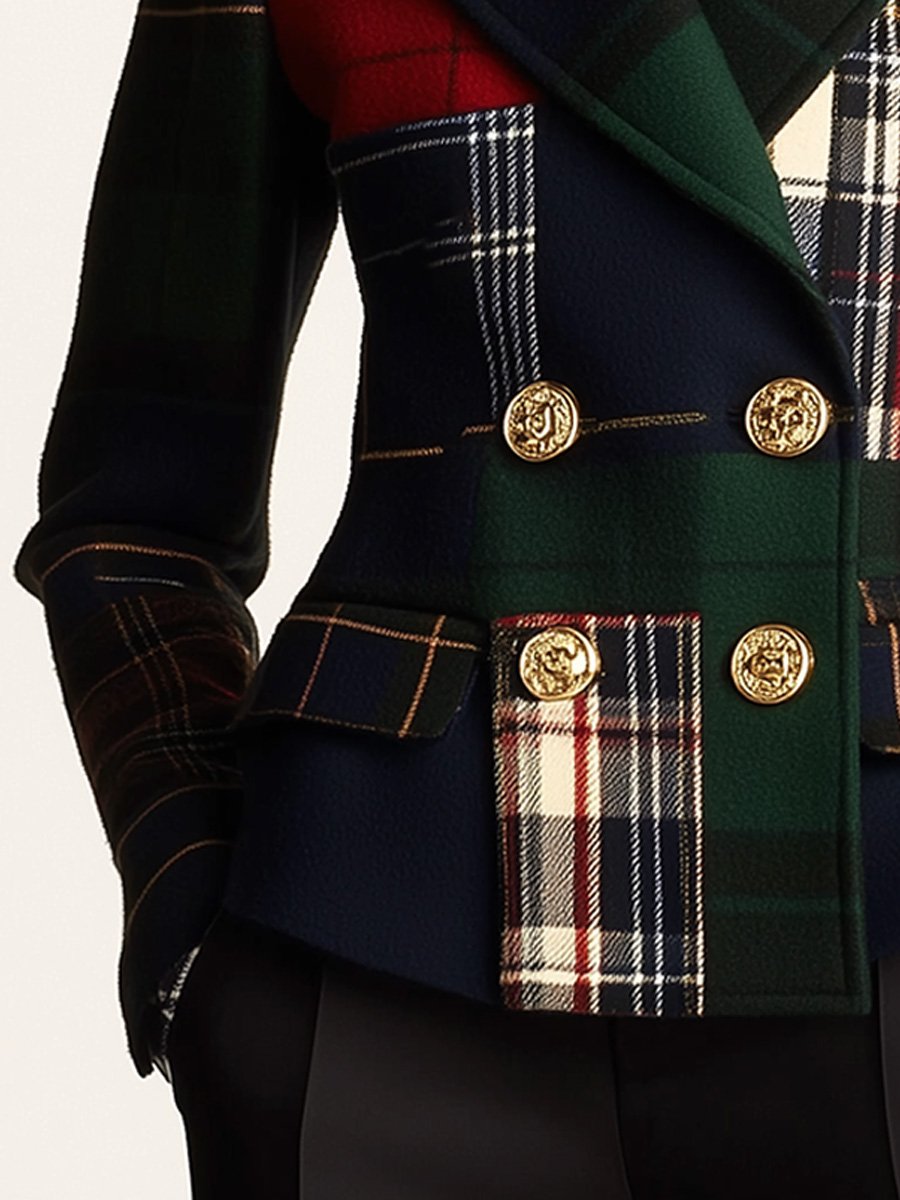 Casual Lapel Plaid Double-breasted Woolen Coat