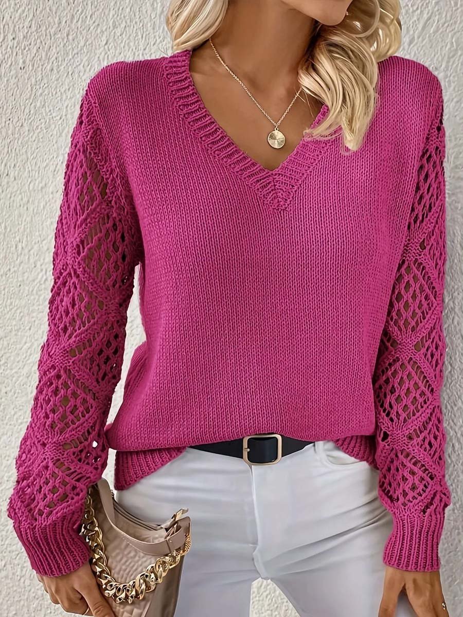 Hollow Jacquard Knit Long Sleeve V-Neck Bottoming Sweater