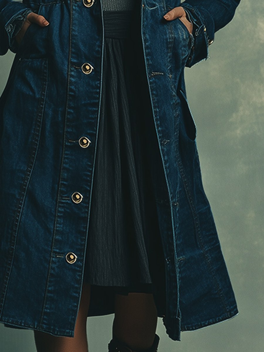 Casual Retro Denim Multi-pocket Midi Coat