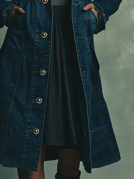 Casual Retro Denim Multi-pocket Midi Coat