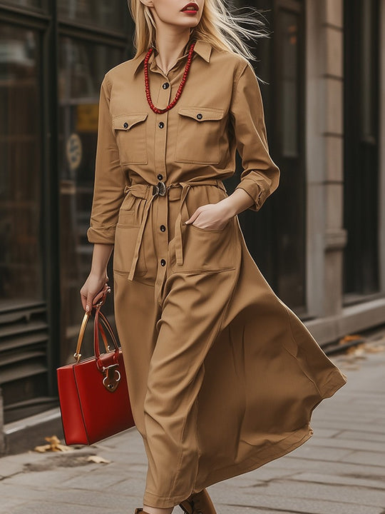 Chic Belted Trench-Style with Utility Charm Midi Dress