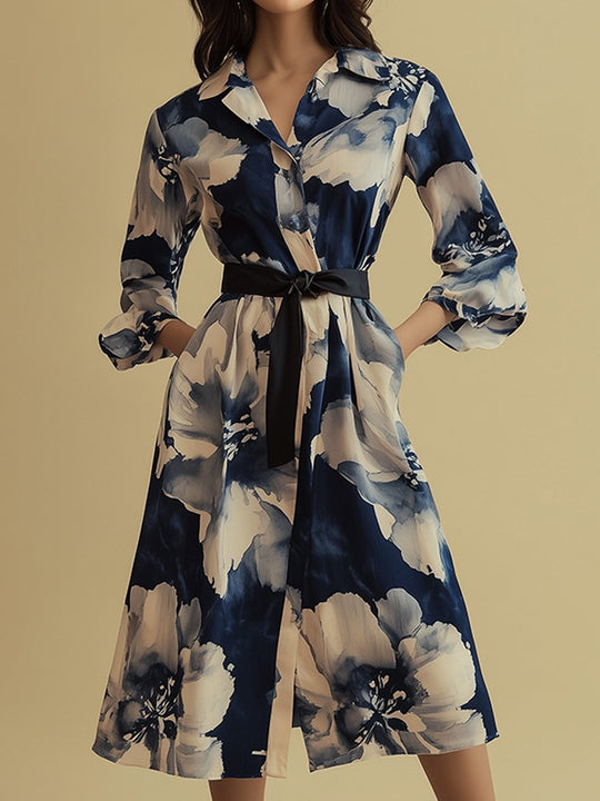 Elegant V-neck Printed Waisted Midi Dress