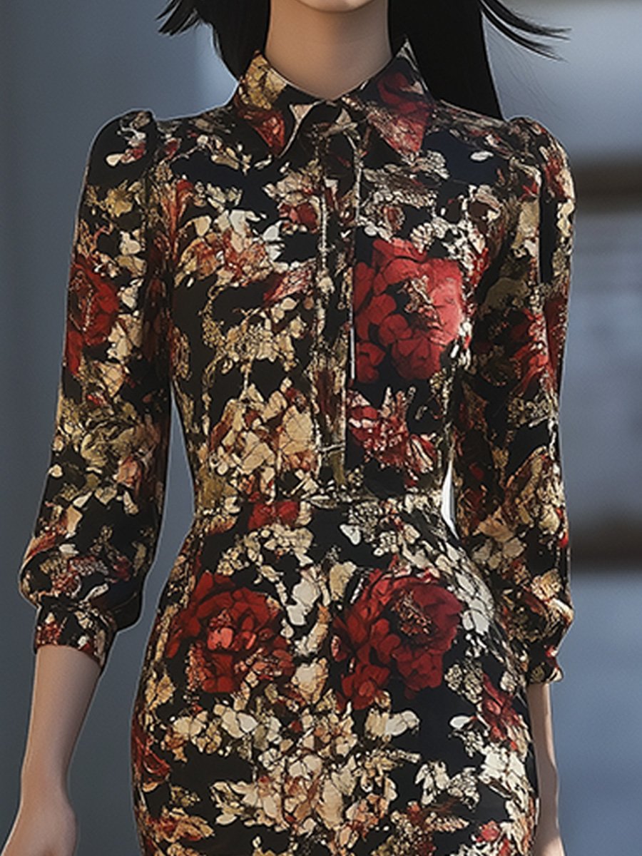 Retro Elegant Shirt Collar Slim Floral Midi Dress