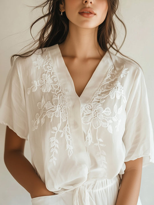 V-neck White Embroidered Loose Shirt