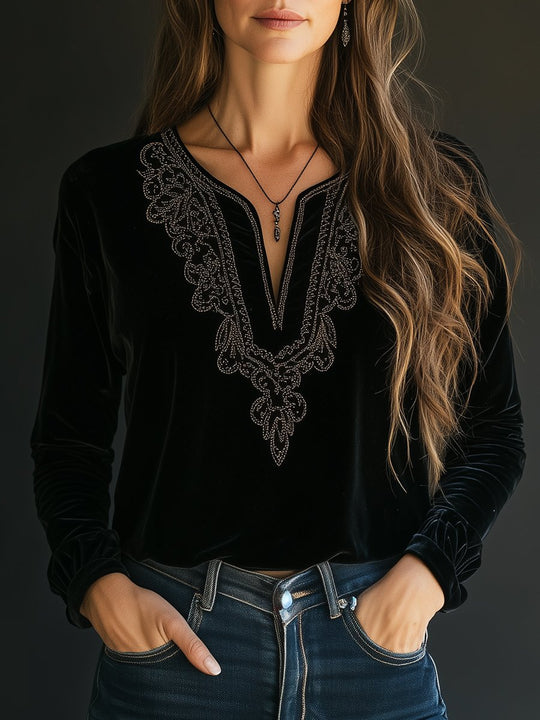 Vintage V-neck Bohemian Embroidery Velvet T-shirt