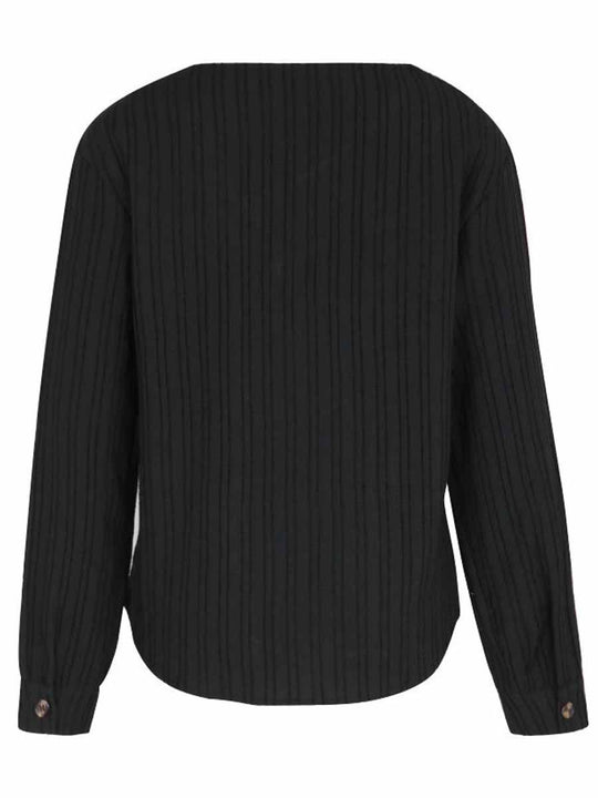 Contrast Button V-Neck Textured Long Sleeve Top