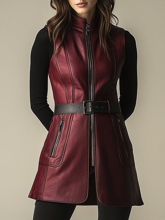 Women Waist-cinched Zipper-up Leather Long Vest