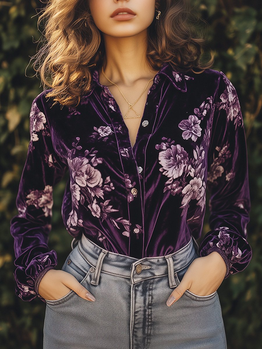 Casual Loose Vintage Velvet Printed Long Sleeve Shirt