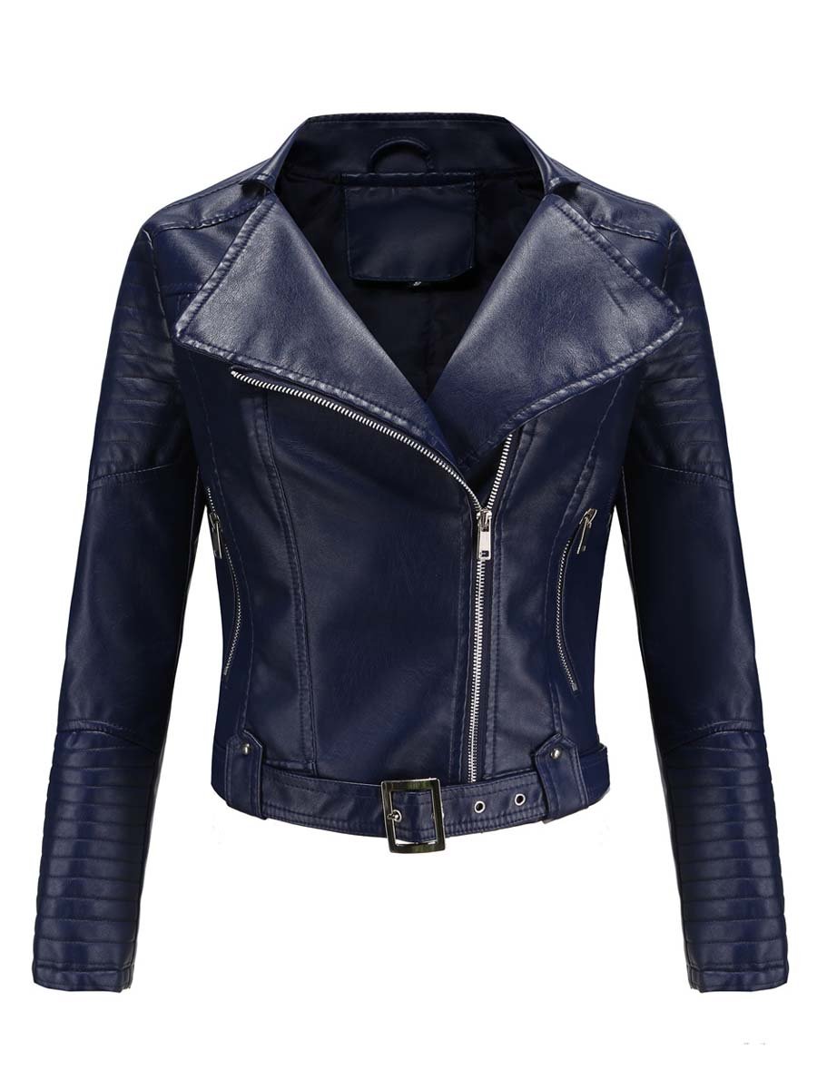 Women's Zippered Lapel Belt Leather Jacket Biker