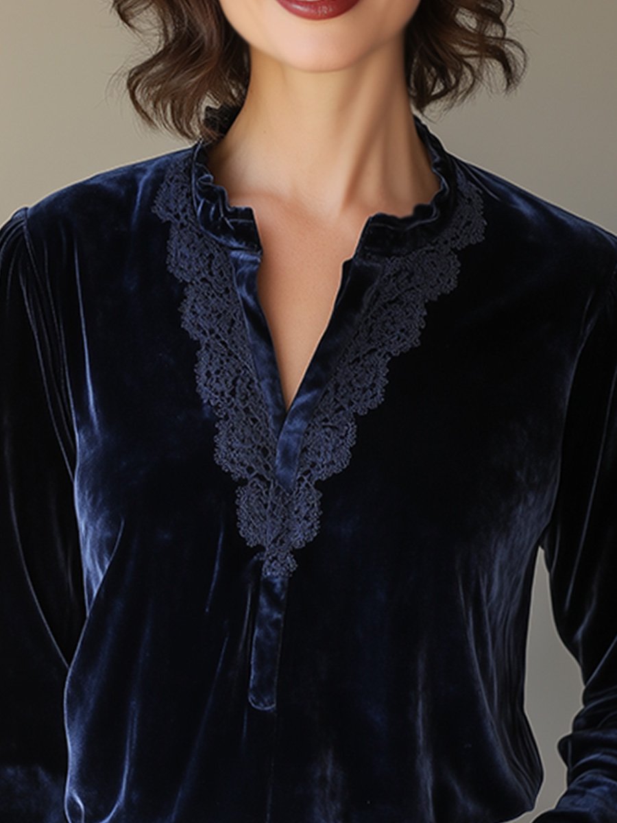 Velvet Lace V-Neck Long Sleeve Shirt