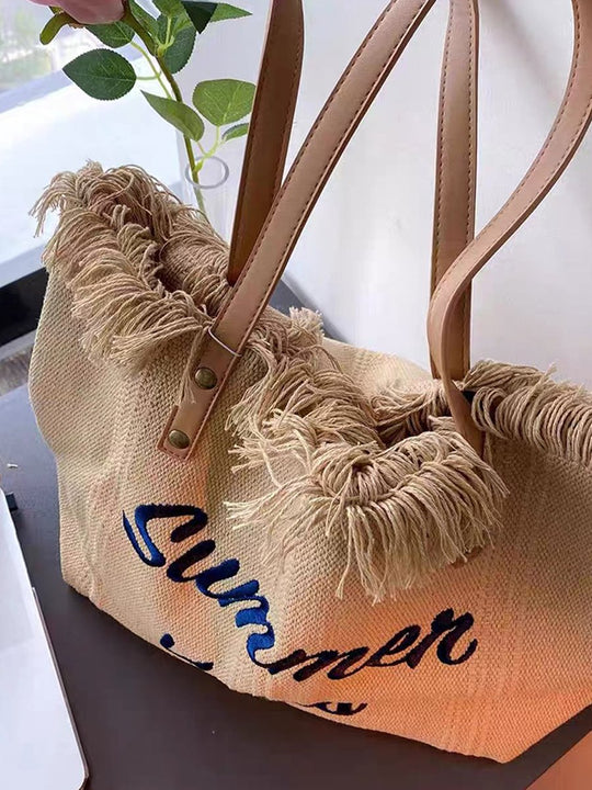 Embroidered Tassel Large Canvas Tote Bag