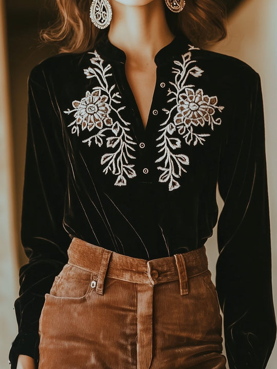 Retro Floral Embroidery Long Sleeves Velvet Henley T-shirt