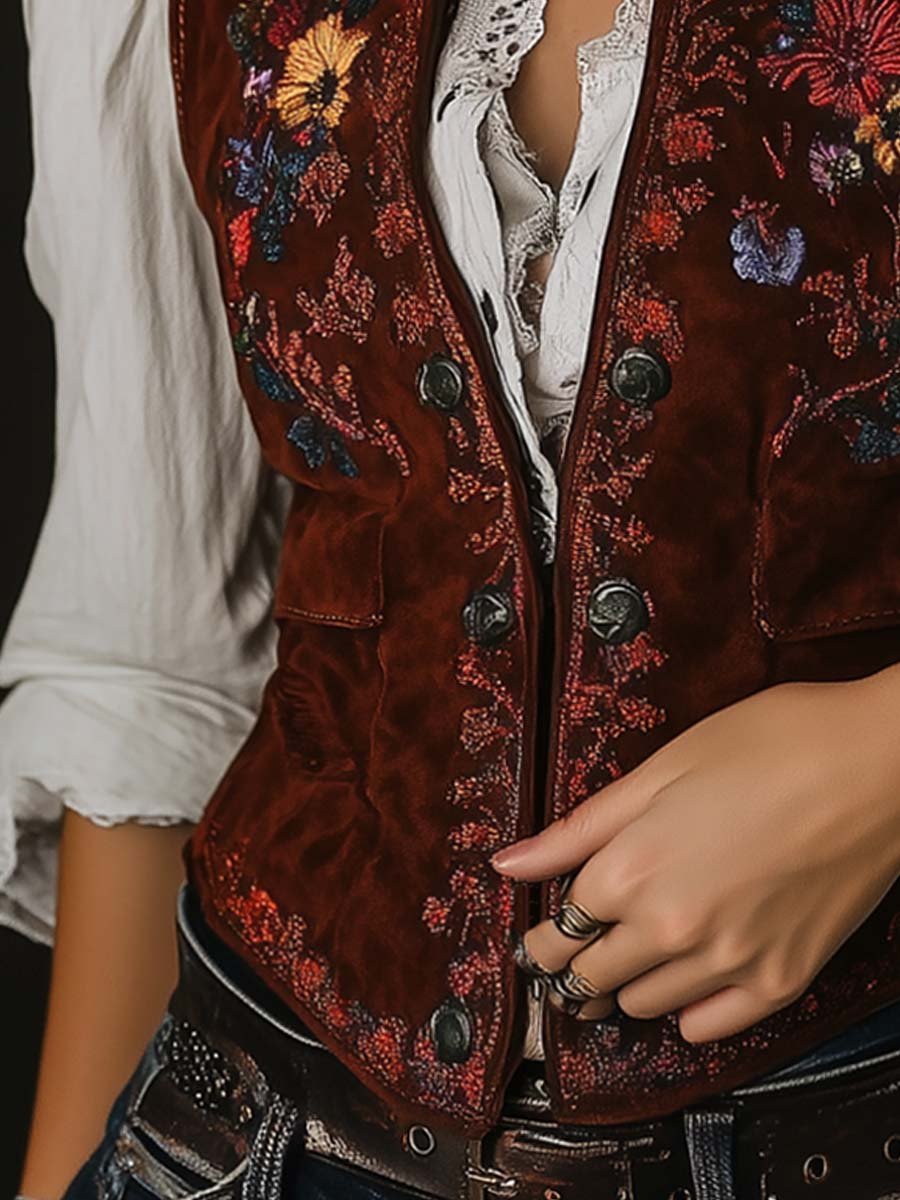 Women's Embroidered Trim Suede Vest