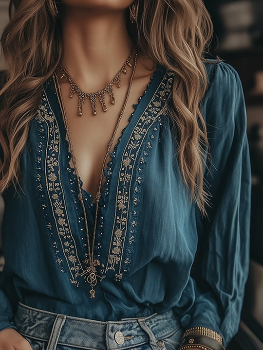 Boho-Chic Deep V-Neck Embroidered Blouse