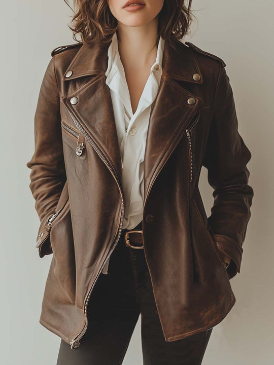 Women's Vintage Brown Zipper Leather Jacket