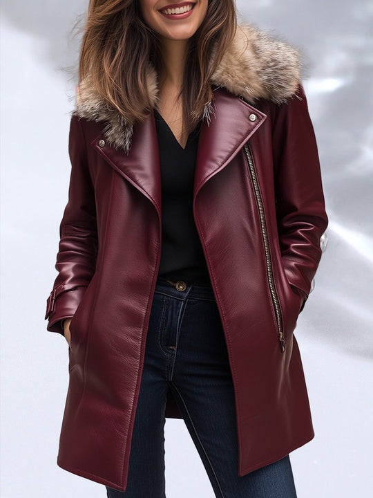 Red Casual Retro Fur Collar Mid-length Leather Jacket