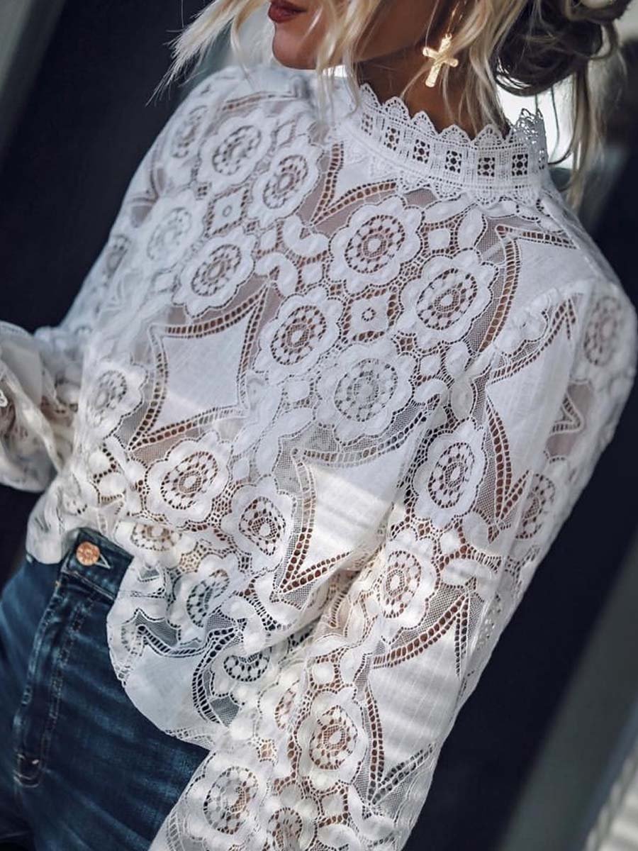 Women's Long Sleeve Stand Collar Lace Blouse