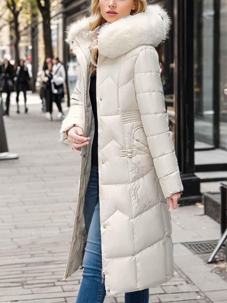 Fashionable Waist Thickened Fur Collar Long Cotton Coat