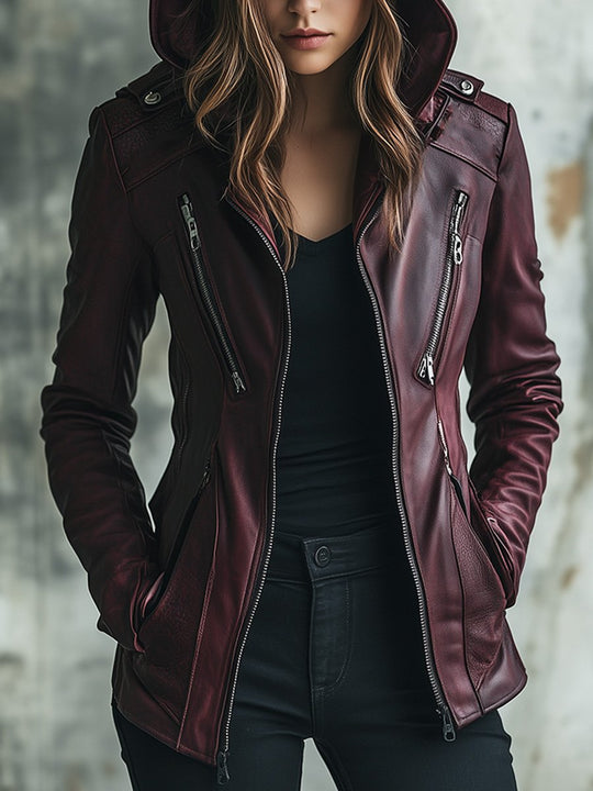 Fashion Retro Loose Hooded Zipper Windproof Leather Jacket