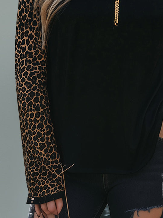 Fashion Loose Leopard Print Zipper Long Sleeve T-shirt